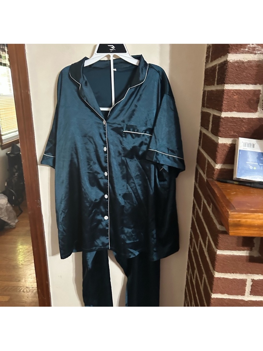 Amazon Size 18W Satin Teal Button-Front Pajama Set with Contrast Piping